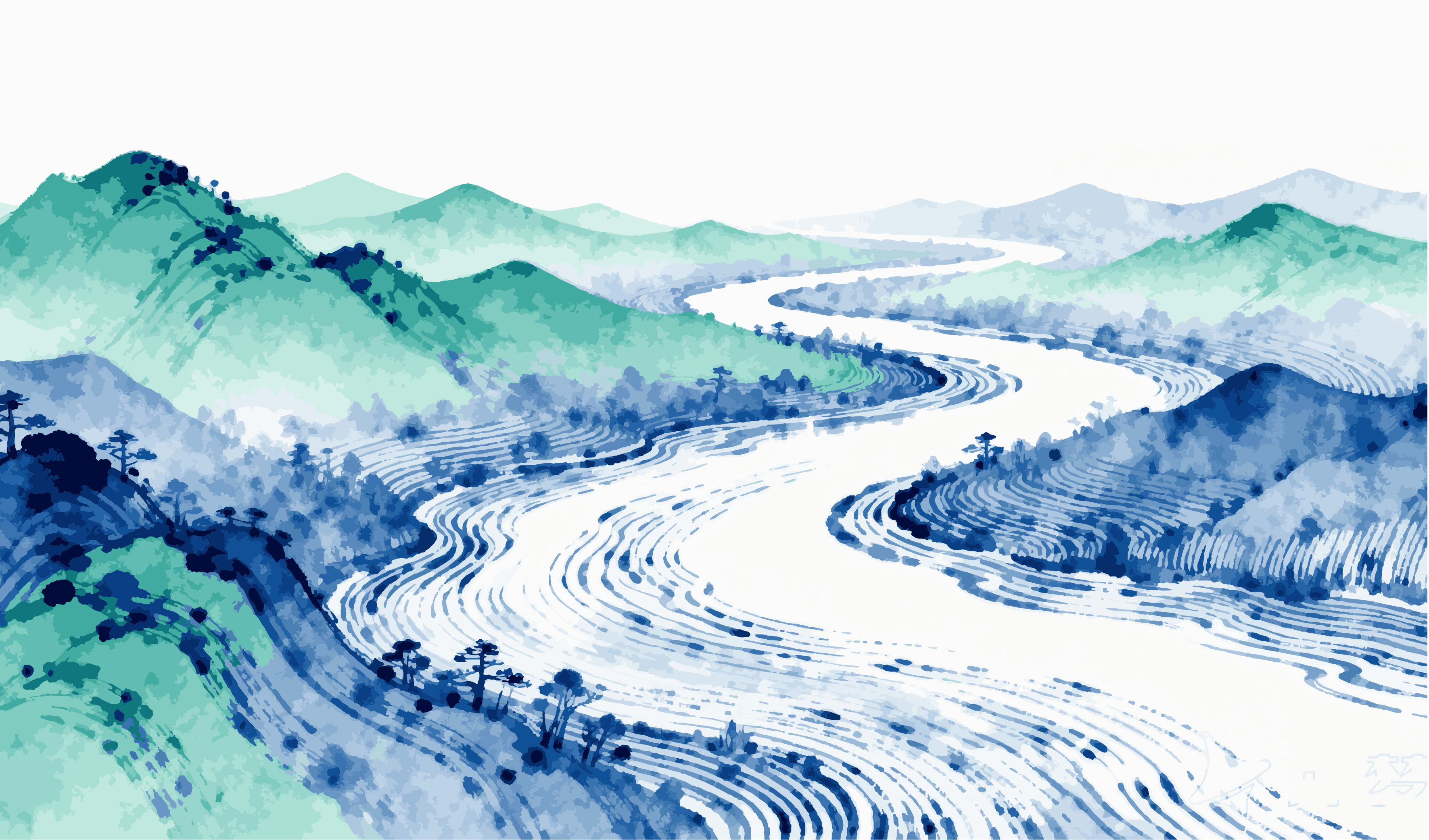 文创-插画 绘画 中国风 国画 水墨风 青绿山水 蜿蜒江河 水墨风格山峦美景